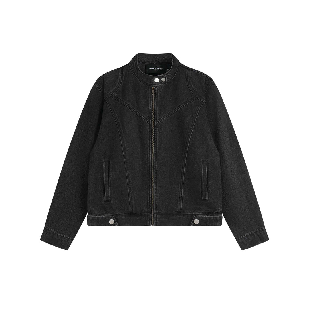 Unisex Kurz geschnittene Denim-Blousonjacke mit Stehkragen und durchgehendem Reißverschluss Echoarchiv