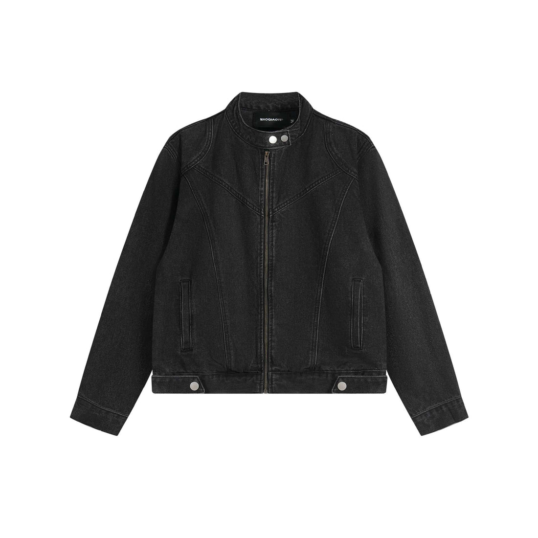 Unisex Kurz geschnittene Denim-Blousonjacke mit Stehkragen und durchgehendem Reißverschluss Echoarchiv