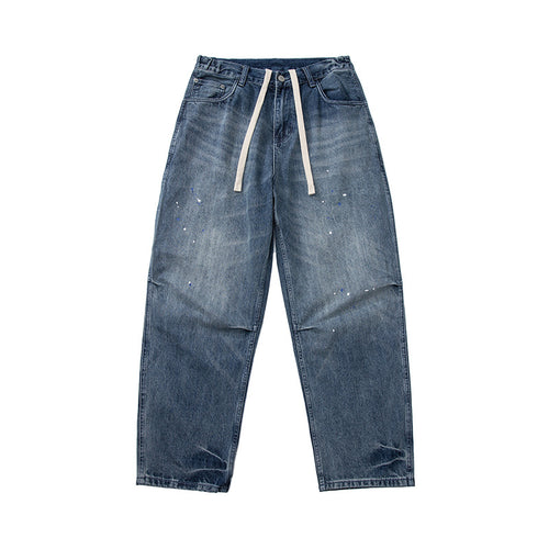 Damen Weit geschnittene High‑Waist Jeans mit Kordelzug, Farb‑Sprenkel und Used‑Waschung Echoarchiv