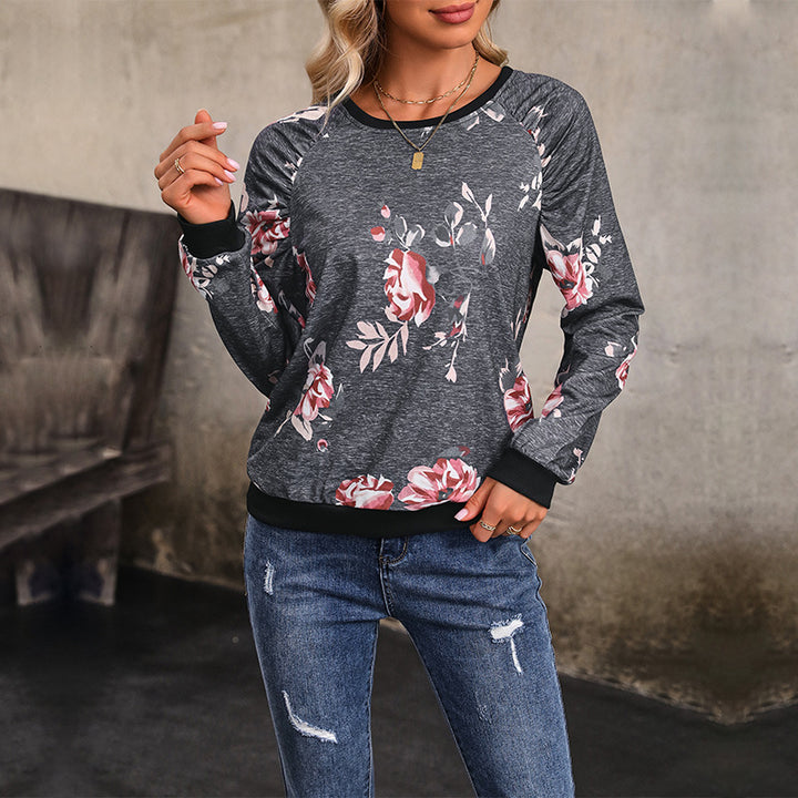 Damen Lässiges Raglan-Sweatshirt mit floralem Print und Rippbündchen Echoarchiv