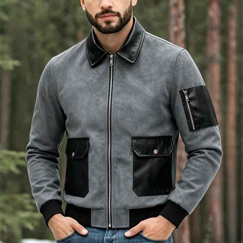 Herren Modische Lederjacke mit hohem Kragen und praktischen Taschen Echo Archiv