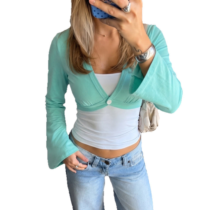 Damen Bolero-inspiriertes Crop-Top mit tailliertem Unterteil, V‑Ausschnitt und ausgestellten Ärmeln – Orélia