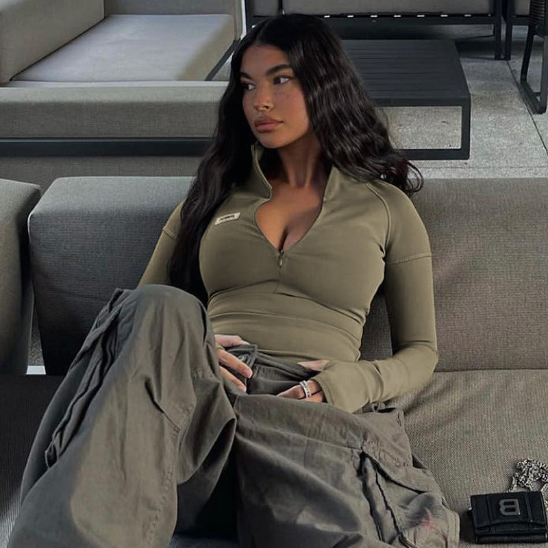 Damen nan figurbetontes Langarm-Zip-Top mit tiefem V-Ausschnitt und elastischem Funktionsstretch Echo Archiv