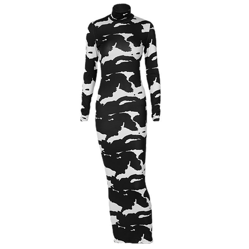 Damen Figurbetontes Stretch-Midikleid mit Rollkragen und abstraktem Animalprint Echoarchiv