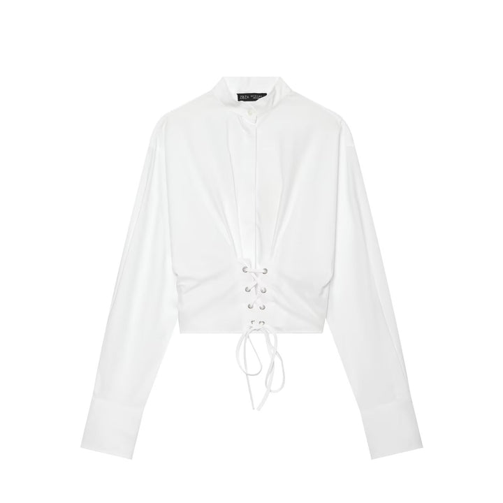 Damen Taillierte Cropped-Bluse mit Stehkragen, Schnürung und langen Manschetten Echo Archiv