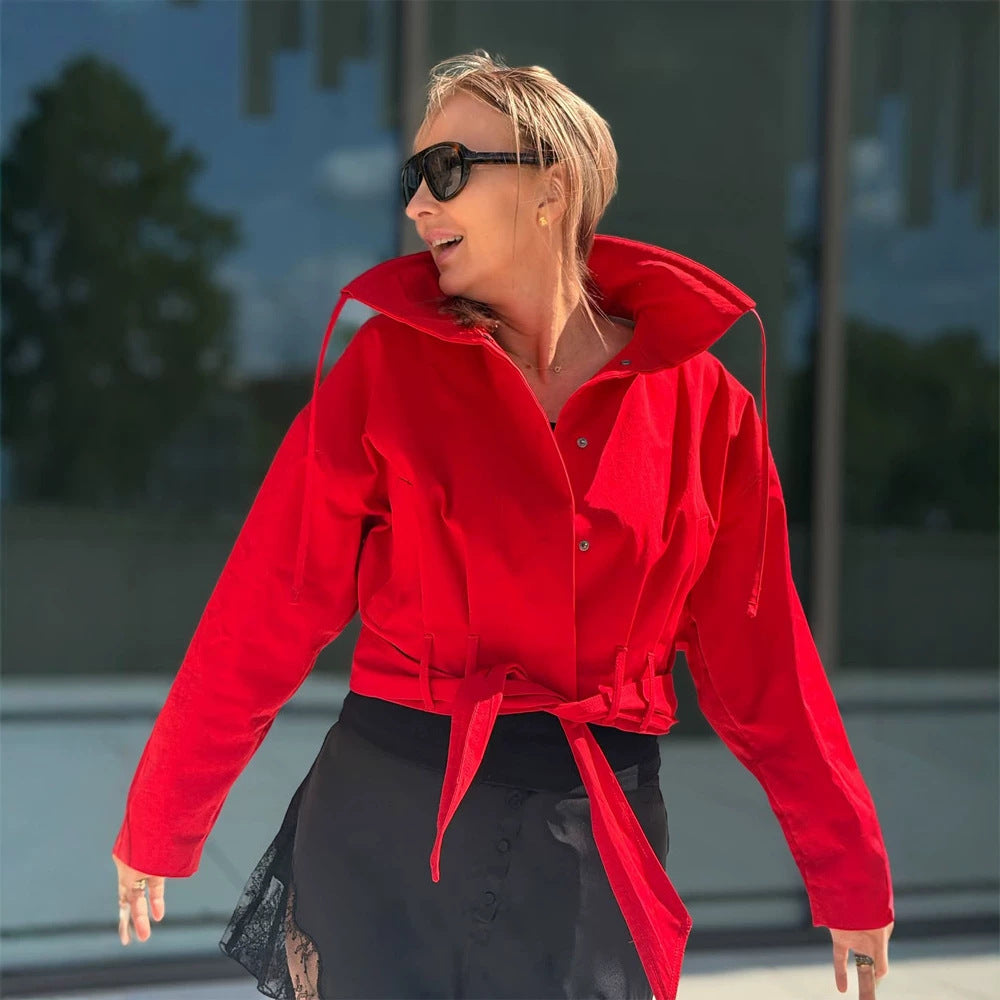 Damen Oversize Kurzjacke mit Taillengürtel und Hemdkragen Echoarchiv