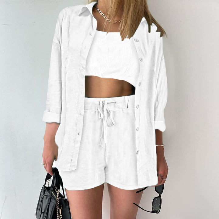 Damen Leinenoptik dreiteiliges Sommer-Lounge-Set mit Oversize-Hemd Cropped-Top und High-Waist-Shorts – Élanora