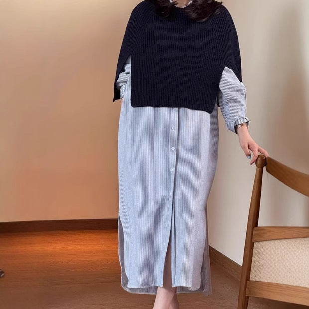 Damen Langes Hemdblusenkleid aus Popeline mit feiner Streifenstruktur, Kordel‑Taille und Seitenschlitzen – Élara