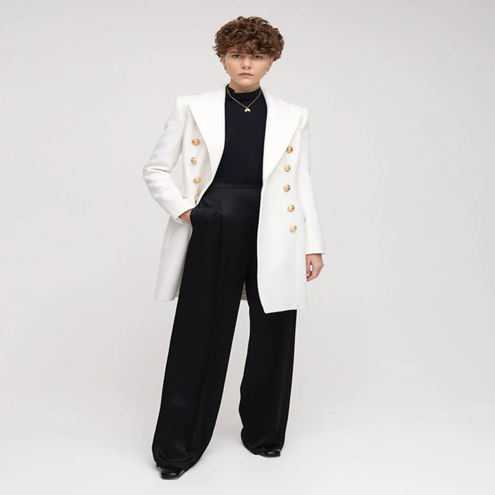 Damen Schmalgeschnittener Zweireihiger Wollmix-Longcoat mit markanter Schulter und goldenen Zierrundknöpfen Echoarchiv
