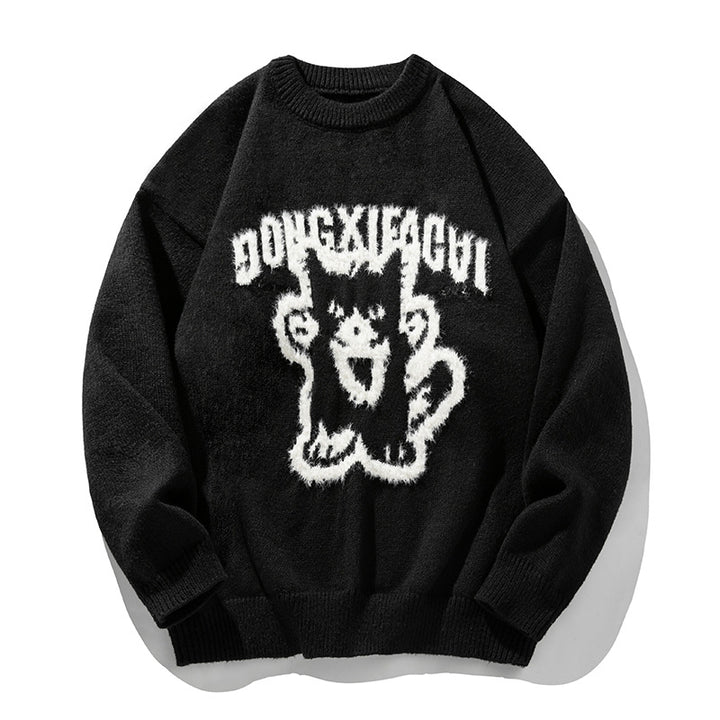 Unisex Oversize‑Strickpullover mit dreidimensionalem Flauschmotiv Katze und geripptem Saum Echo Archiv