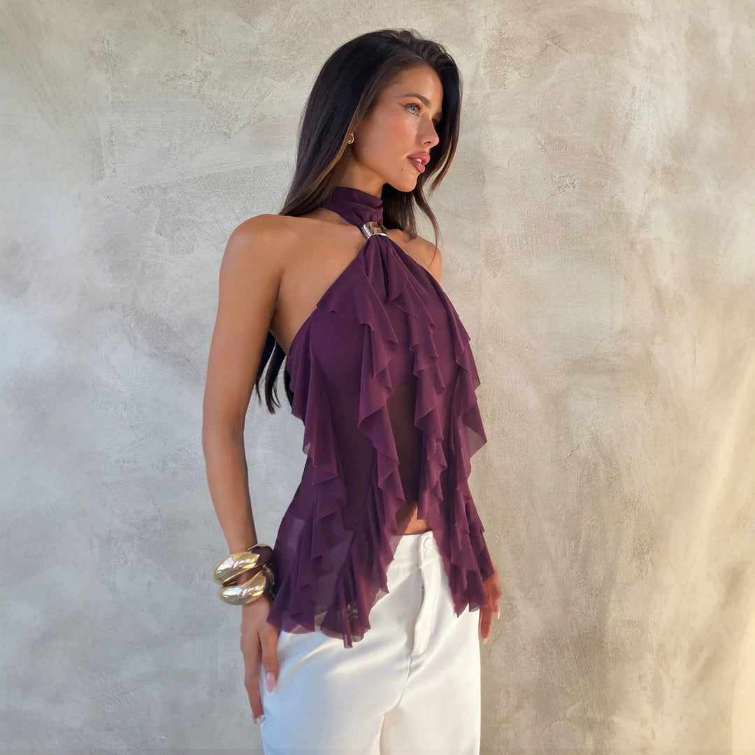 Damen nan Chiffon-Haltertop mit dekorativem Metallring und mehrlagigen Volants Echo Archiv