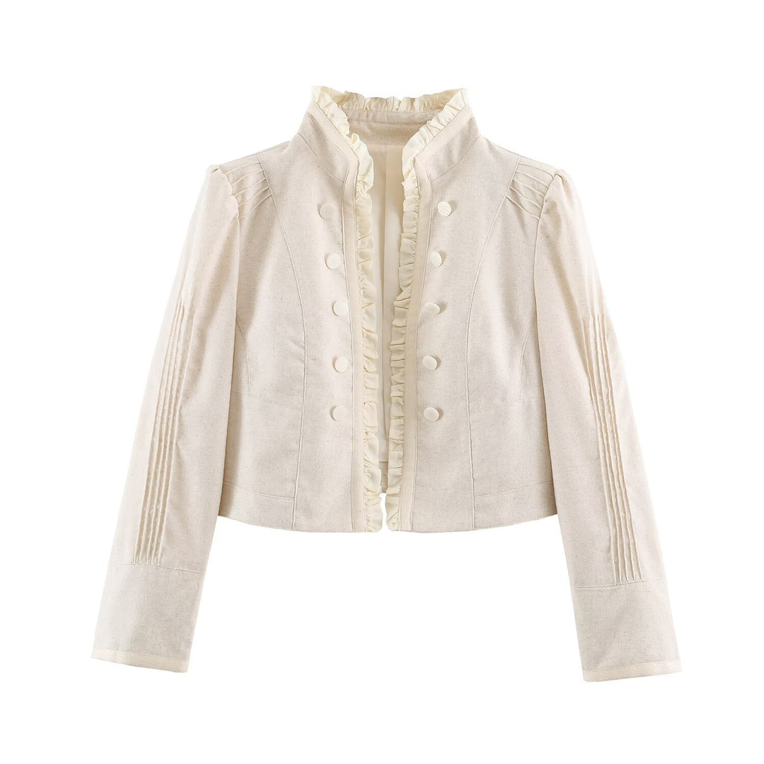 Damen Cropped Jacke mit taillierter Silhouette, Stehkragen und Rüschenblende Echo Archiv
