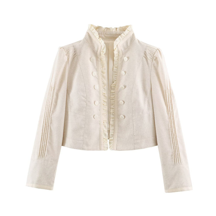 Damen Cropped Jacke mit taillierter Silhouette, Stehkragen und Rüschenblende Echo Archiv