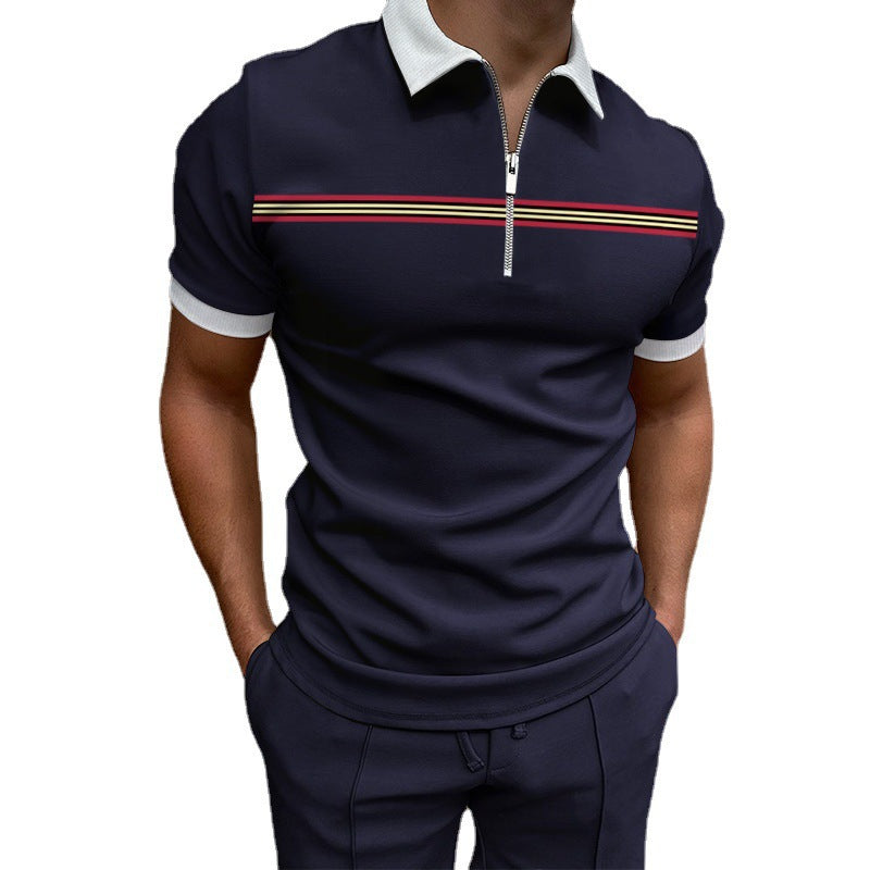Herren lässiges Kurzarmpoloshirt mit Reißverschluss und sportlichem Streifenmuster Echoarchiv