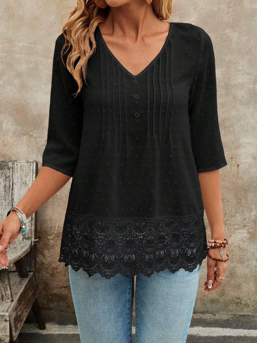Damen Tunika Bluse mit Spitzenbesatz und strukturierten Pintucks Echo Archiv