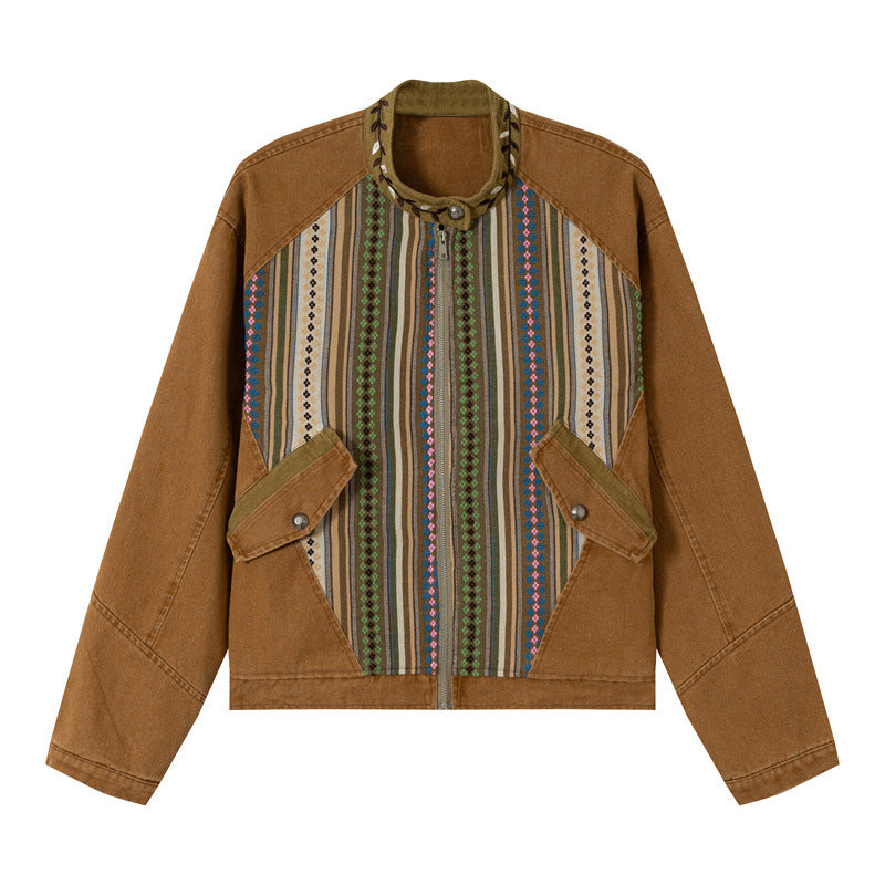Damen Kurzer Canvas-Blouson mit gewebter Ethno‑Streifenfront und Pattentaschen Echoarchiv