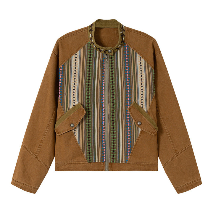 Damen Kurzer Canvas-Blouson mit gewebter Ethno‑Streifenfront und Pattentaschen Echoarchiv