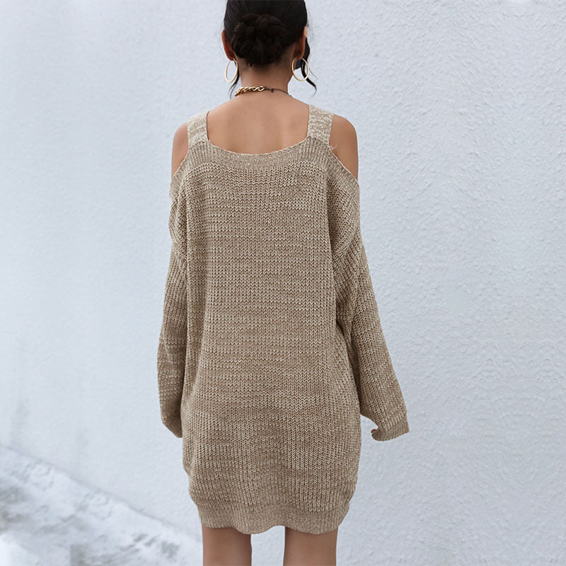 Damen Gestricktes Cold-Shoulder-Minikleid mit Oversize-Ärmeln und geripptem Saum Echoarchiv