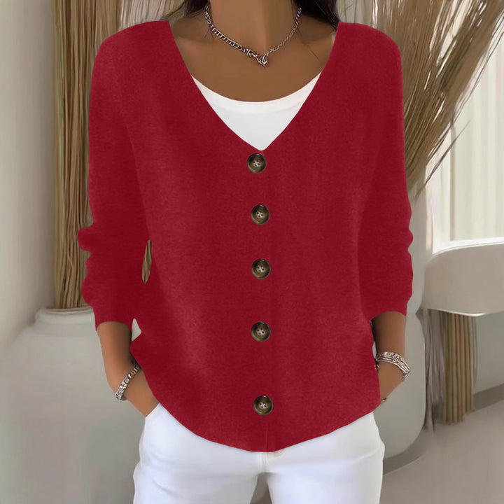 Damen Lockerer V-Ausschnitt Feinstrick-Cardigan mit Holzknopfleiste – Veloura