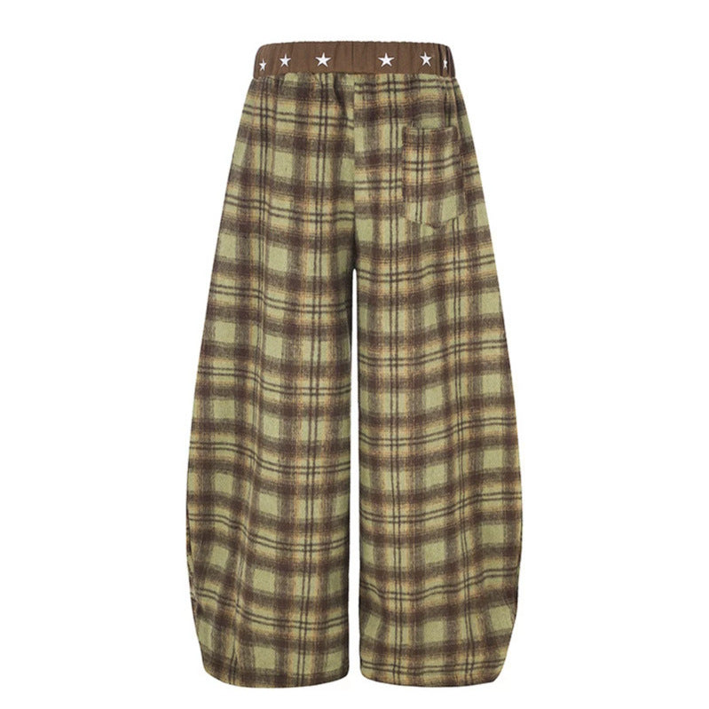 Damen Extraweite Karierte Palazzo-Loungehose aus weichem Fleece mit sternbesetztem Komfortbund, Tunnelzug und verstellbarem Saum Echoarchiv