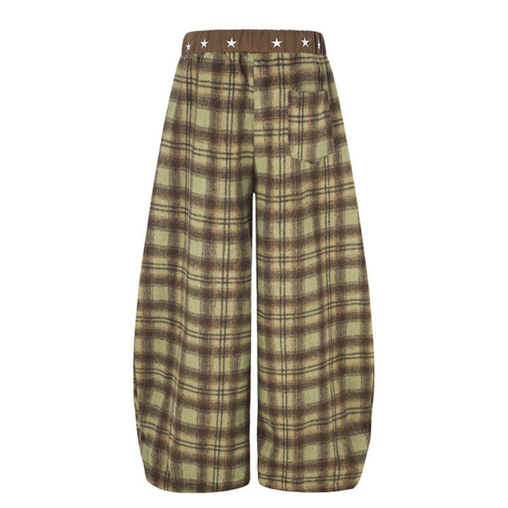 Damen Extraweite Karierte Palazzo-Loungehose aus weichem Fleece mit sternbesetztem Komfortbund, Tunnelzug und verstellbarem Saum Echoarchiv