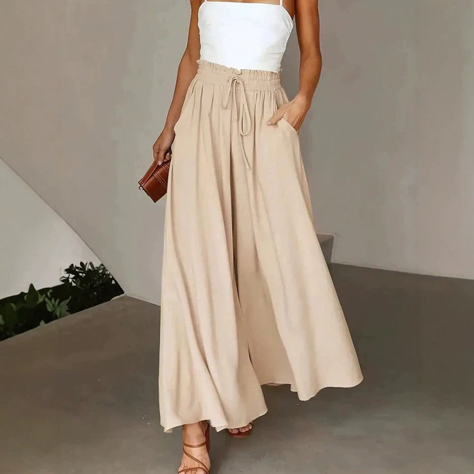 Damen Weite Maxipalazzo-Hose mit Paperbag-Bund, Kordelzug und Seitentaschen – Avélisse