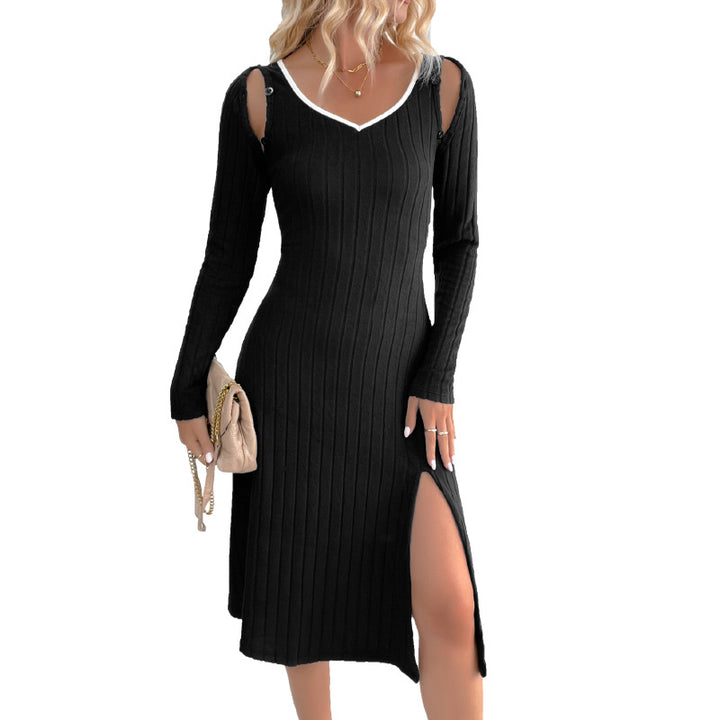 Damen Geripptes Strick-Midikleid mit V-Ausschnitt, figurbetonter Silhouette und seitlichem Schlitz Echoarchiv