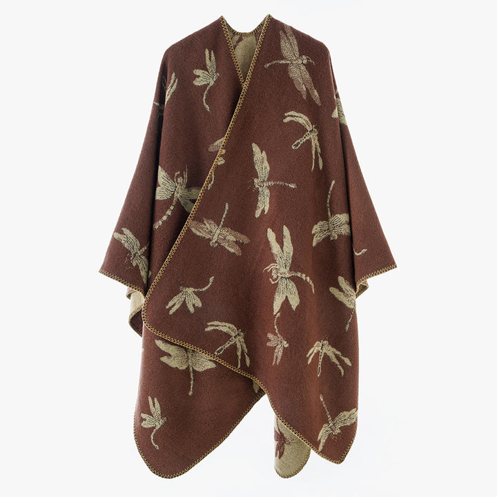Damen Reversibler Cape-Poncho mit Libellen-Jacquard und feinem Saum – Célinea