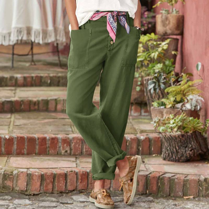 Damen nan Leinen-Baumwoll-Loungehose mit weitem Schnitt, hoher Bund und aufgesetzten Taschen Echo Archiv