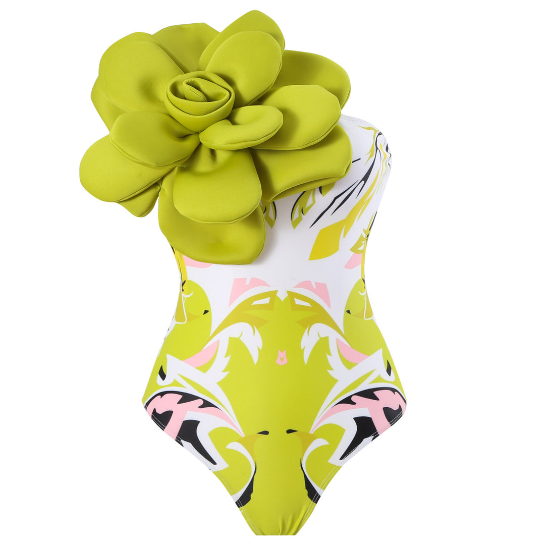 Damen Eleganter Badeanzug mit großem Blumen-Detail und transparentem Überrock Echo Archiv
