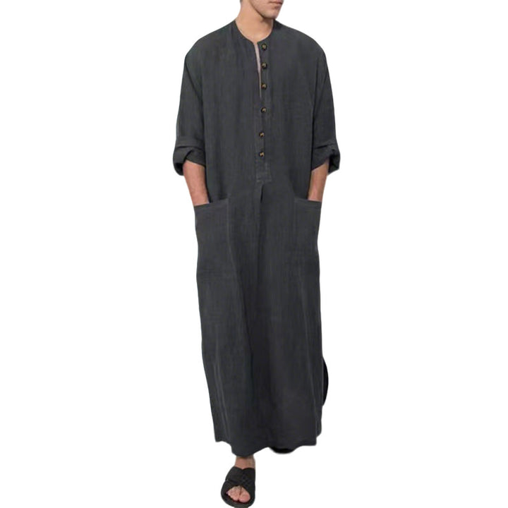 Herren nan weites langes Tunika-Kaftan aus atmungsaktivem Leinen mit Stehkragen Knopfblende und aufgesetzten Taschen Echo Archiv