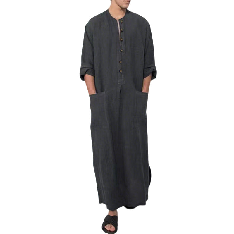 Herren nan weites langes Tunika-Kaftan aus atmungsaktivem Leinen mit Stehkragen Knopfblende und aufgesetzten Taschen Echoarchiv