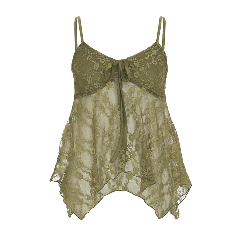Damen Spitzen-Tanktop mit asymmetrischem Schnitt und dekorativem Bindeband Echo Archiv
