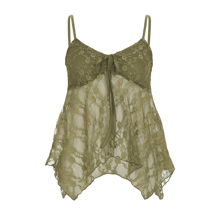 Damen Spitzen-Tanktop mit asymmetrischem Schnitt und dekorativem Bindeband Echo Archiv