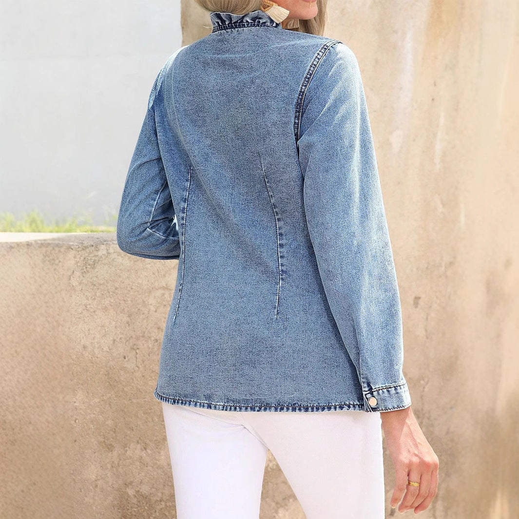 Damen Lässige lange Denim-Hemdjacke mit Stehkragen und Metallknopfleiste Echo Archiv