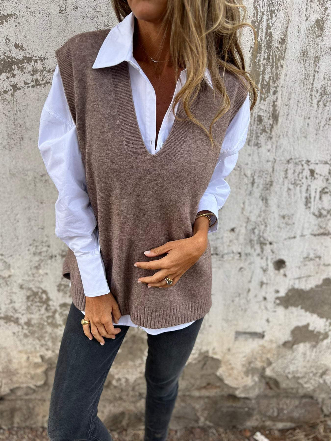 Damen lässiger Strickpullover mit V-Ausschnitt Echoarchiv