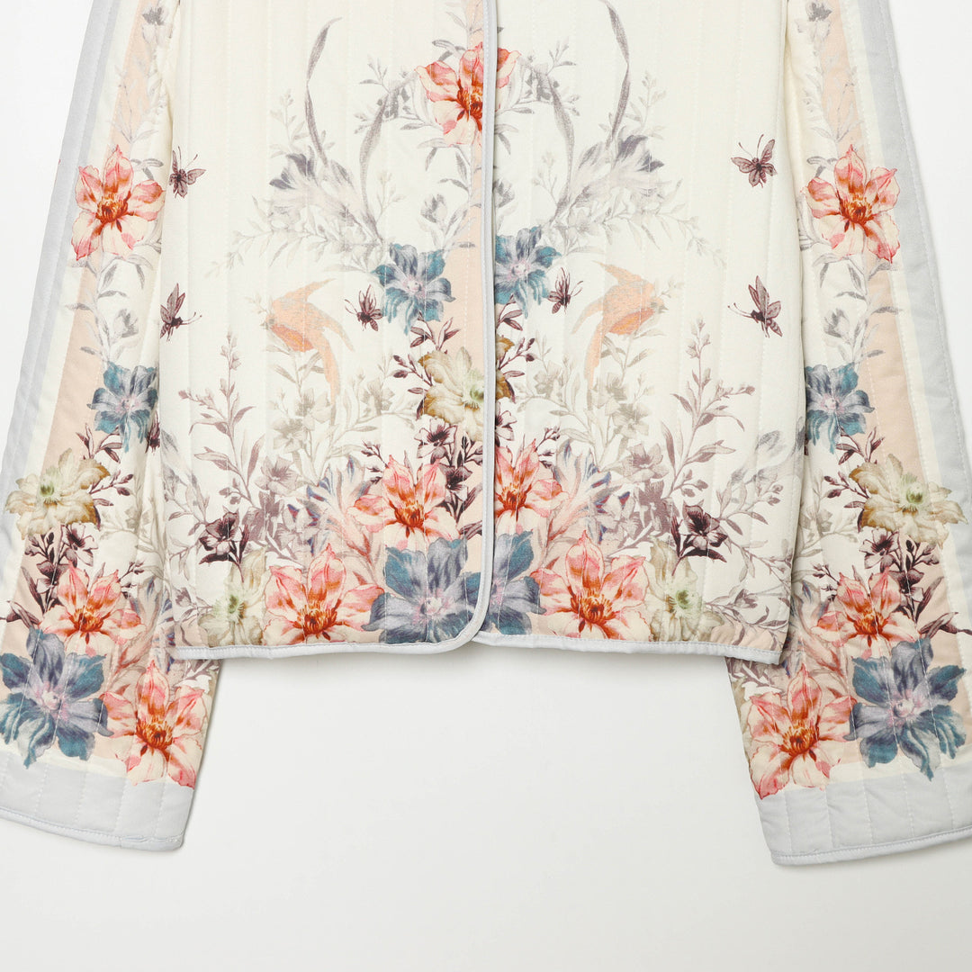 Damen Gepolsterte Cropped Jacke mit floralem Alloverprint und Rundhalsausschnitt Echo Archiv