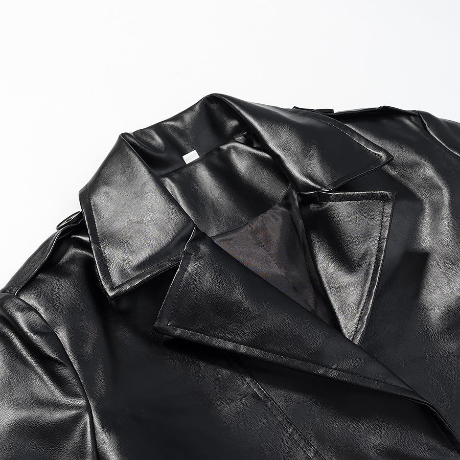 Damen Langer Trenchcoat aus Lederoptik mit Bindegürtel und Epauletten Echo Archiv