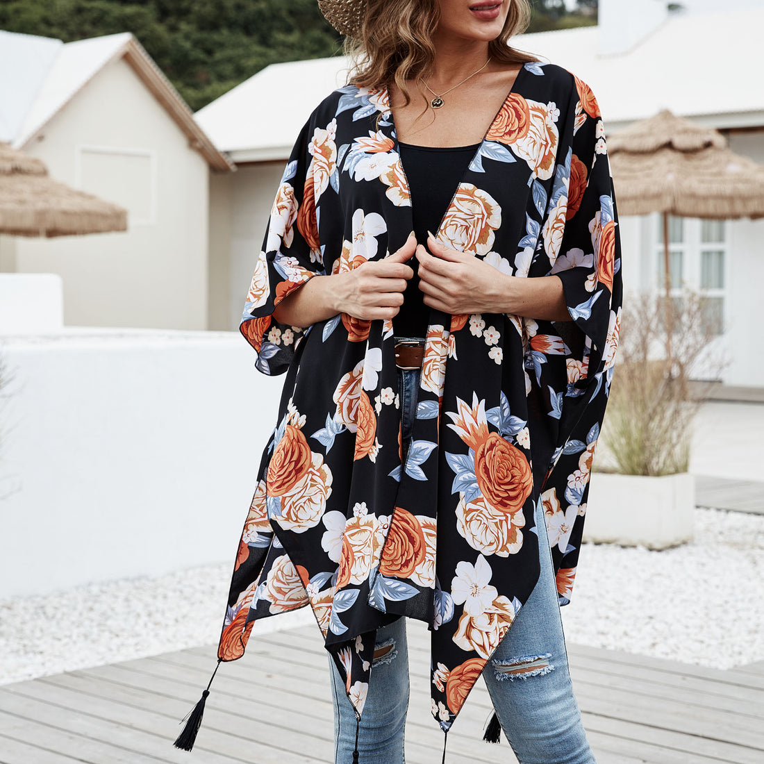 Damen Verspielter Kaftan‑Kimono‑Überwurf aus leichter Viskose mit asymmetrischem Zipfelsaum – Célinea