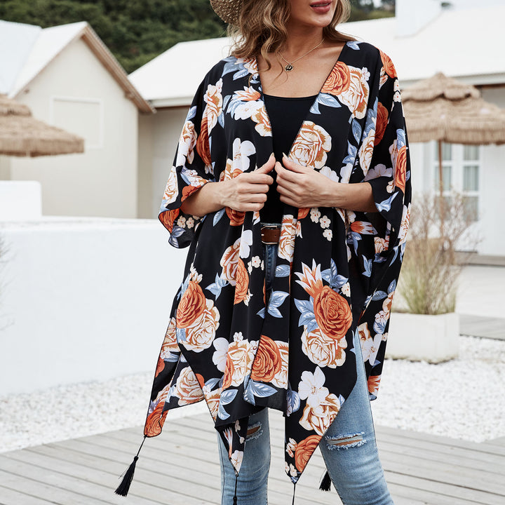 Damen Verspielter Kaftan‑Kimono‑Überwurf aus leichter Viskose mit asymmetrischem Zipfelsaum – Célinea