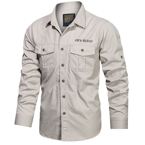 Herren Langarm-Utility-Canvas-Hemd mit Brusttaschen und OFF-ROAD-Print Echo Archiv