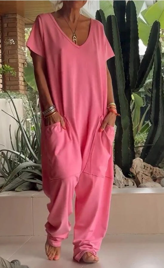 Damen nan weite Komfort-Einteiler mit V-Ausschnitt, tiefem Schritt und Eingrifftaschen Echo Archiv