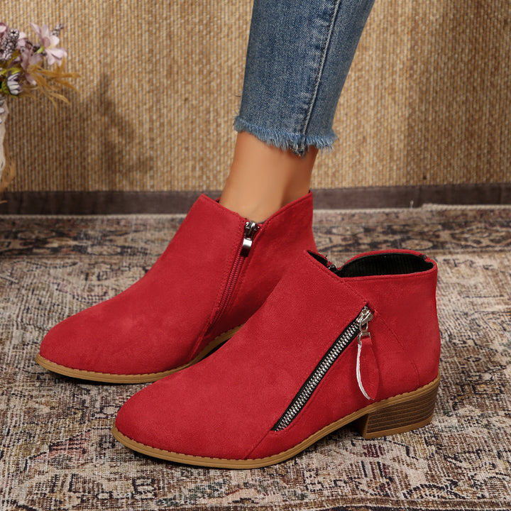 Damen Moderne Kurzschaft-Stiefelette mit sichtbarem Metallreißverschluss und niedriger Holzoptik-Blocksohle – Varelle