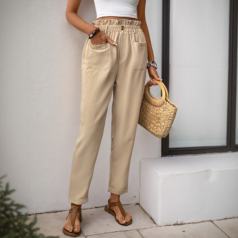 Damen Hochtaillierte Paperbag-Hose mit elastischem Bund, aufgesetzten Taschen & konischem Bein Echoarchiv