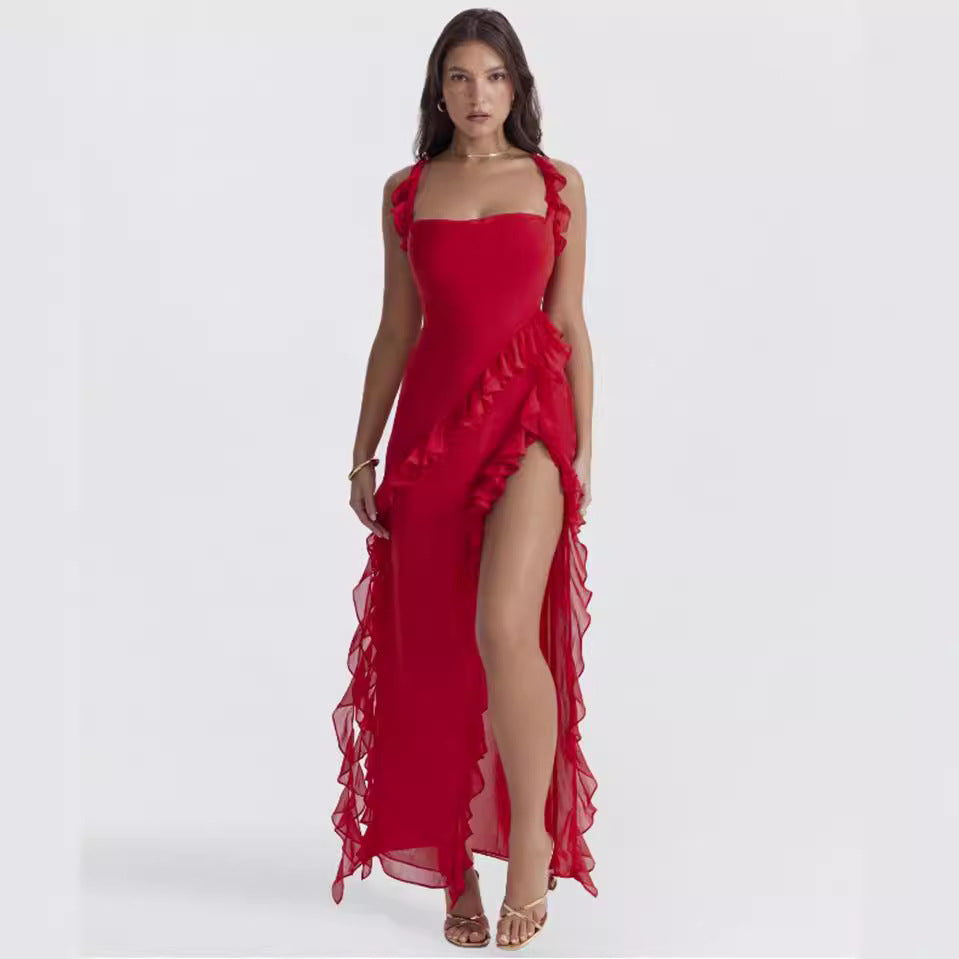 Damen nan langes Abendkleid mit quadratischem Ausschnitt, Schulter-Rüschenträgern und hoher Beinschlitze Echo Archiv