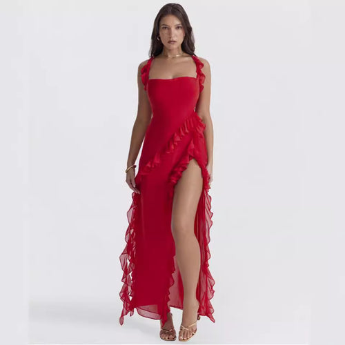 Damen nan langes Abendkleid mit quadratischem Ausschnitt, Schulter-Rüschenträgern und hoher Beinschlitze Echo Archiv