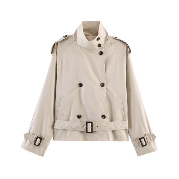 Damen gekürzte Trenchjacke mit Stehkragen doppelter Knopfreihe und Taillengürtel Echo Archiv