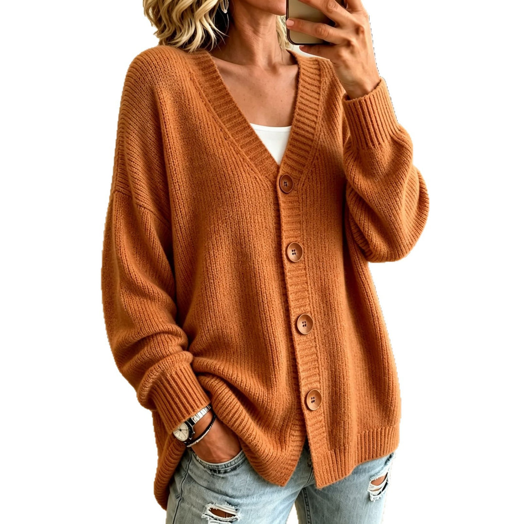 Damen Lockerer Longline-Cardigan mit tiefem V-Ausschnitt und Holzknöpfen – Veloura