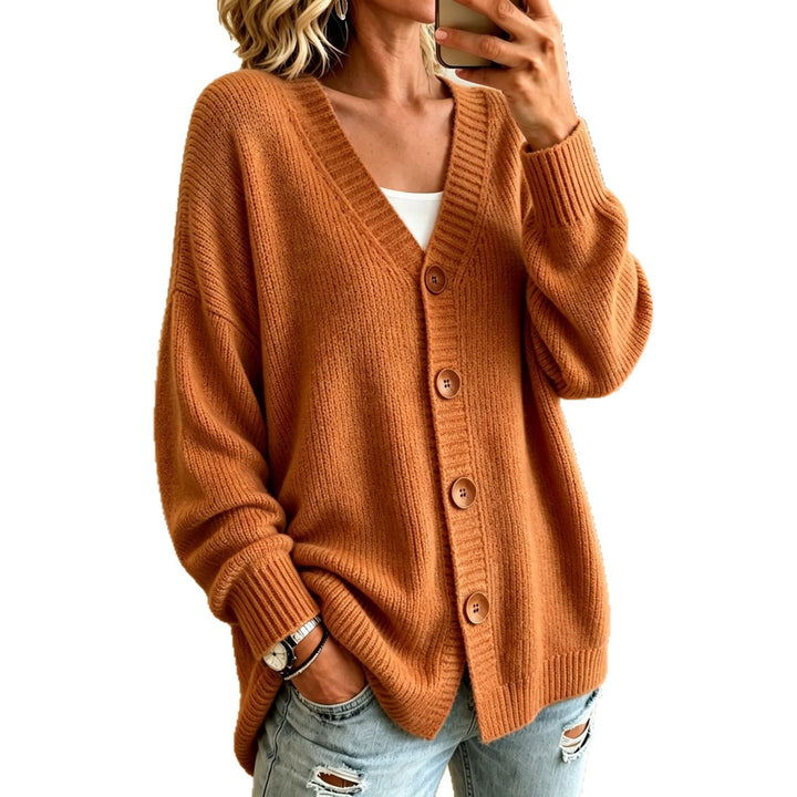 Damen Lockerer Longline-Cardigan mit tiefem V-Ausschnitt und Holzknöpfen – Veloura