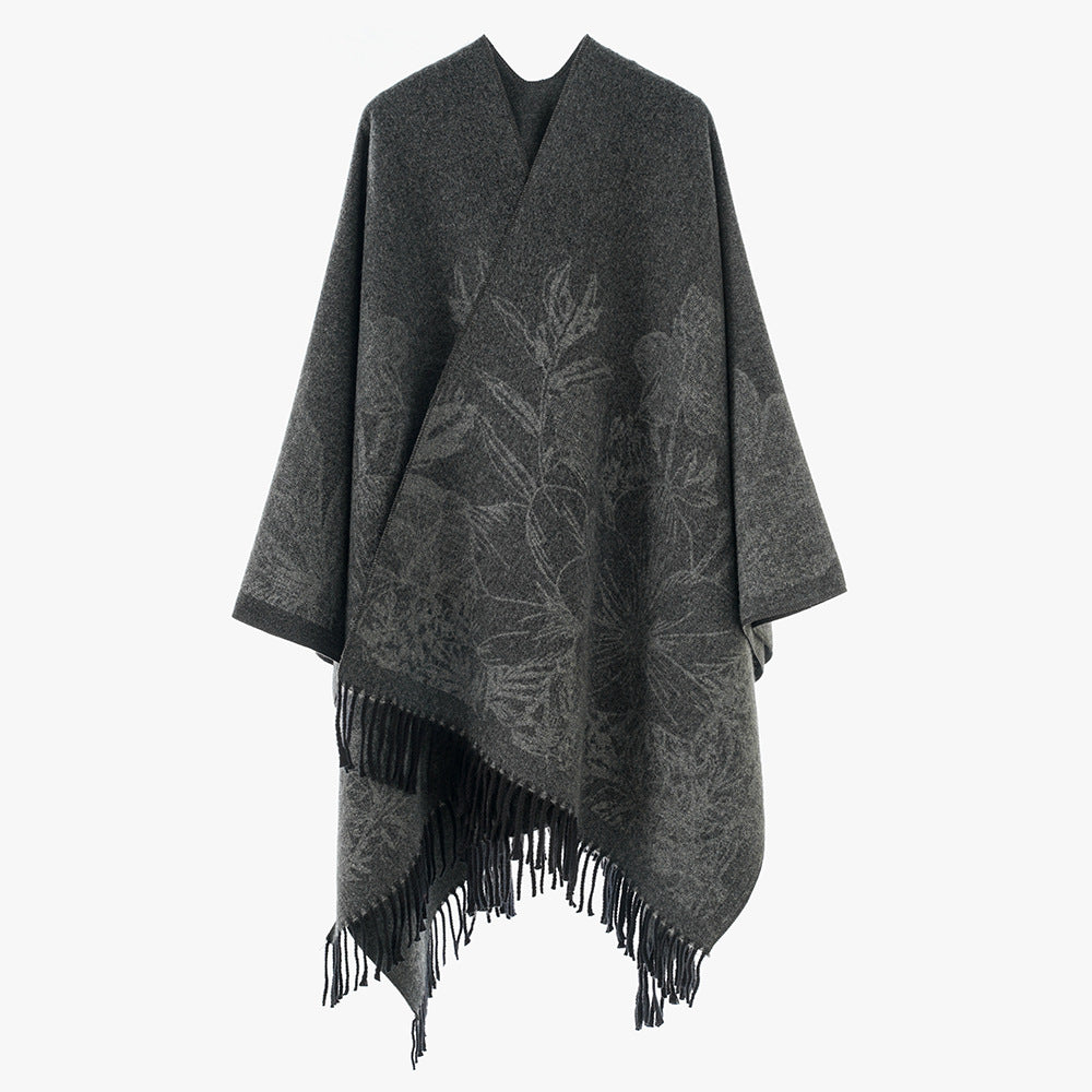 Damen V‑Ausschnitt Cape‑Poncho mit floralem Jacquard und Fransensaum Echo Archiv